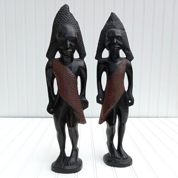 Masai Ebony Ironwood African Warrior Statues Hand Carved Tribal Native Vtg PAIR - Picture 1 of 15